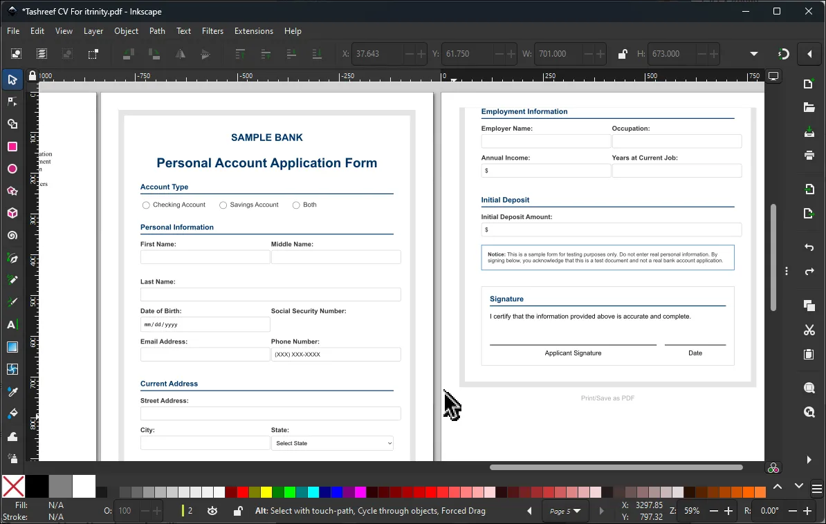 Giao diện chỉnh sửa PDF trong Inkscape, một công cụ đồ họa vector mạnh mẽ, cho phép người dùng chỉnh sửa các yếu tố thiết kế trong tài liệu PDF.