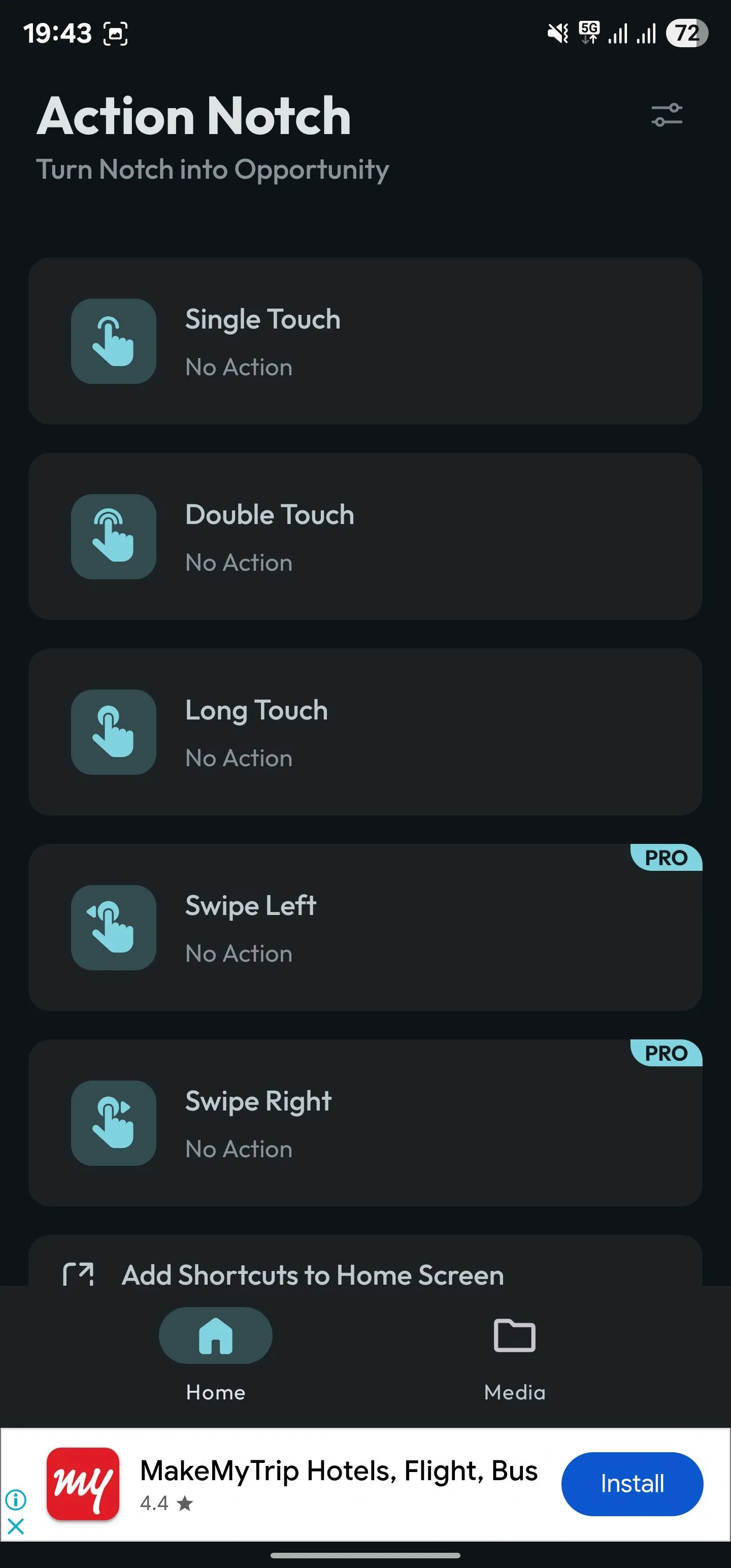Giao diện chính ứng dụng Action Notch hiển thị các tùy chọn cử chỉ như Single Touch, Double Touch, Long Touch để cấu hình tính năng cho tai thỏ Android