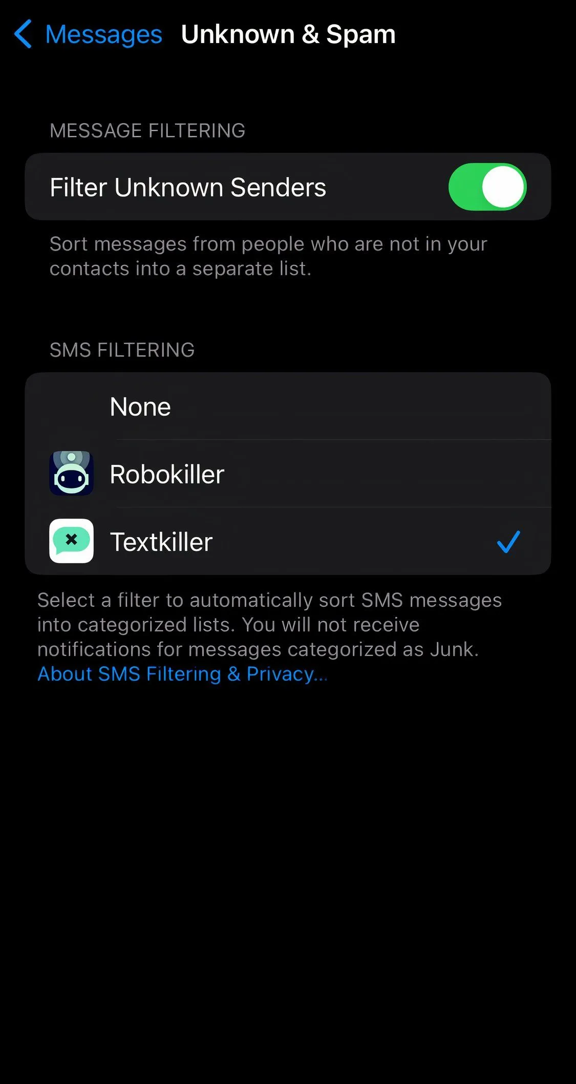 Giao diện chính ứng dụng chặn tin nhắn rác TextKiller