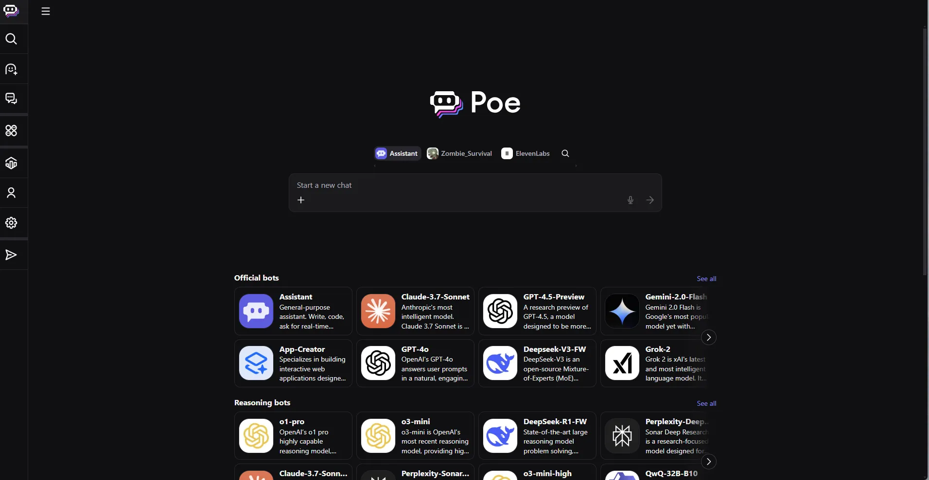 Giao diện chính ứng dụng desktop của Poe, nền tảng chatbot AI tổng hợp với nhiều mô hình