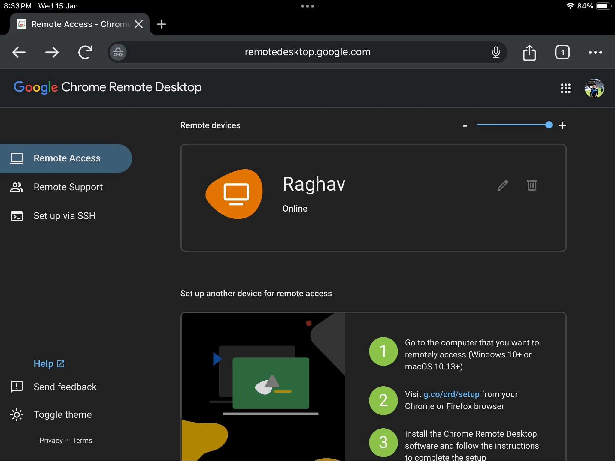 Giao diện Chrome Remote Desktop trên iPad hiển thị danh sách các máy tính PC đã được thiết lập sẵn sàng để truy cập từ xa.