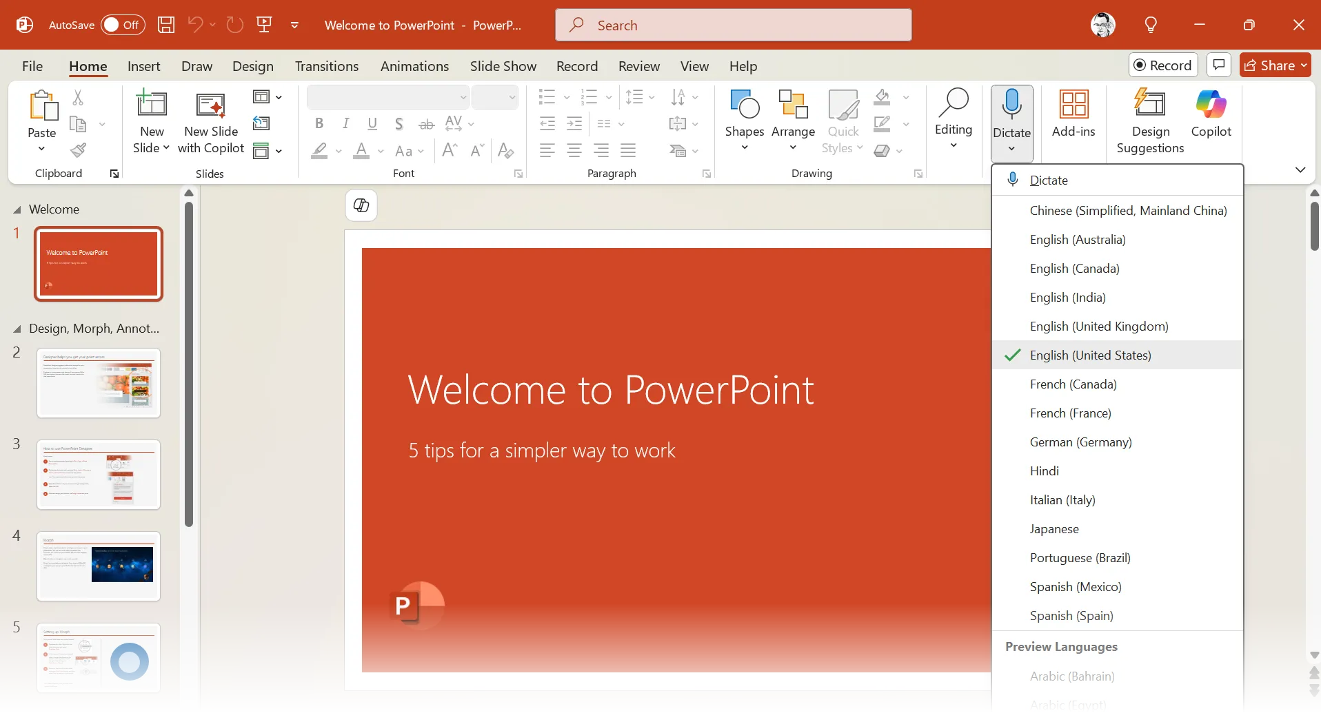 Giao diện chức năng Chép lời (Transcribe) của Microsoft Office Word