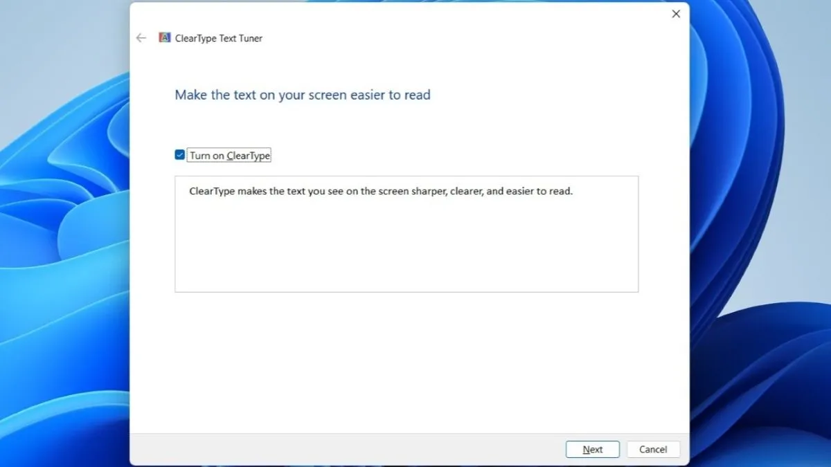 Giao diện ClearType Text Tuner trên Windows để điều chỉnh độ sắc nét của văn bản