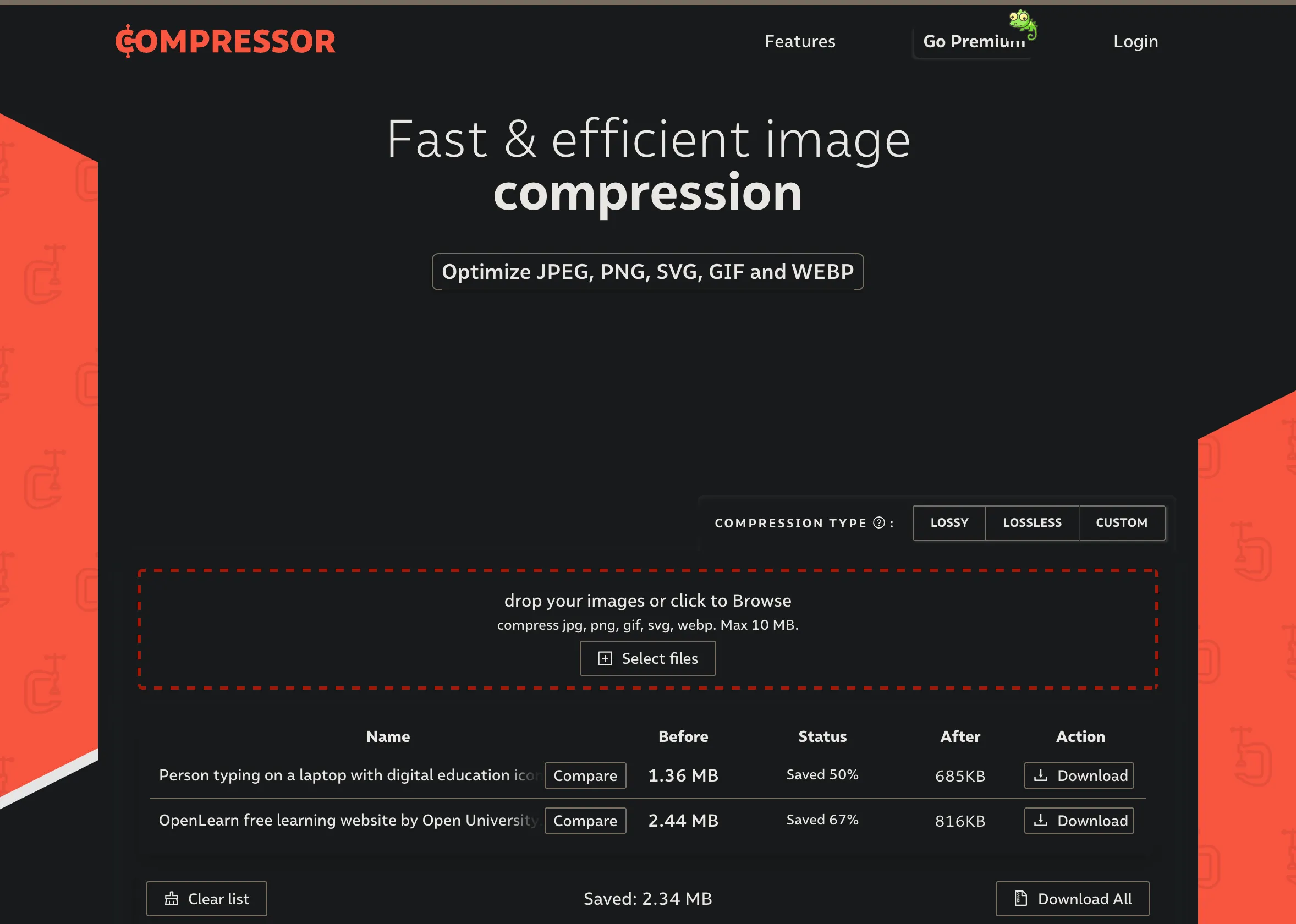 Giao diện Compressor.io với tùy chọn nén ảnh Lossy, Lossless và Custom