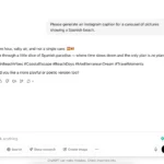 Giao diện công cụ AI đang tạo chú thích Instagram cho bài đăng về bãi biển Tây Ban Nha, minh họa cách AI tạo nội dung văn bản trên mạng xã hội.