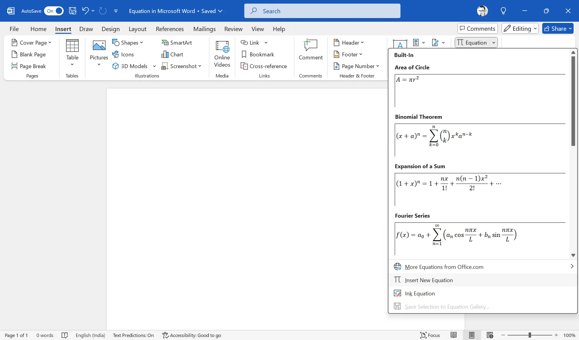 Giao diện công cụ Equation trong Microsoft Word, hiển thị tab Equation với các tùy chọn chèn và định dạng công thức toán học.