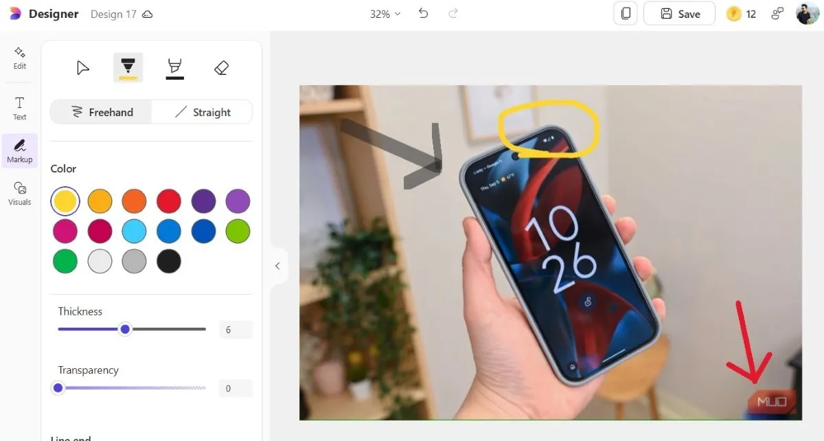 Giao diện công cụ Markup của Microsoft Designer, cho phép người dùng chú thích hoặc vẽ lên ảnh và ảnh chụp màn hình với nhiều kiểu bút và màu sắc.
