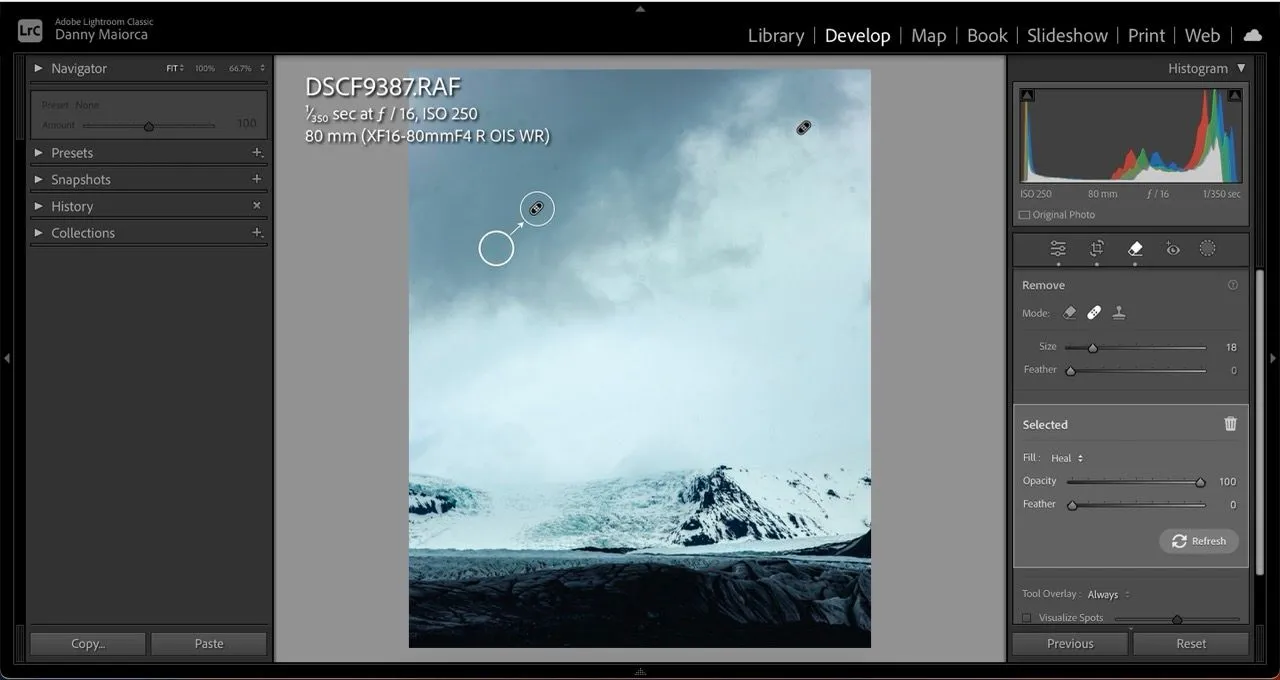 Giao diện công cụ Spot Removal trong Lightroom giúp loại bỏ khuyết điểm trên ảnh nhanh chóng.