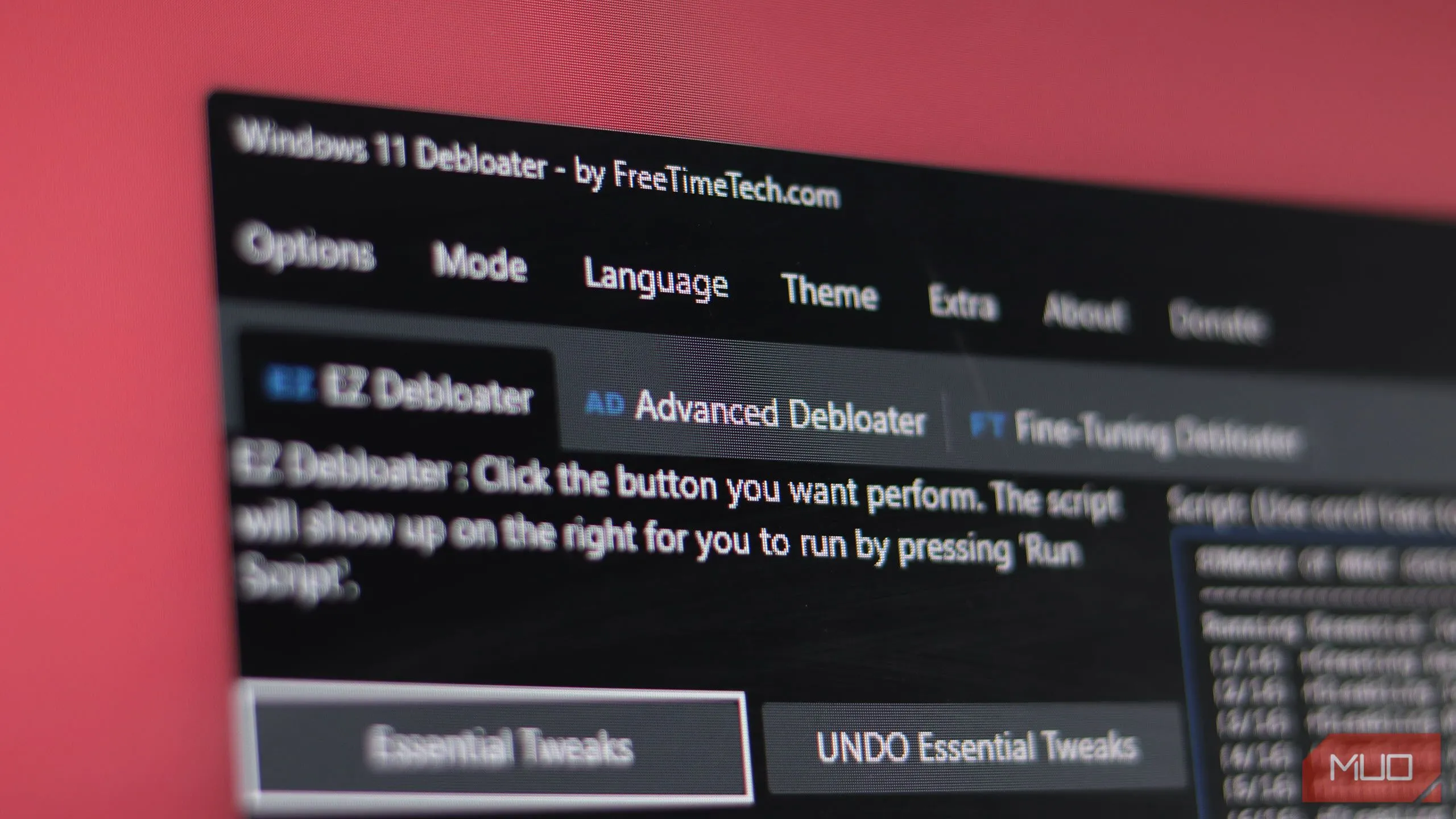 Giao diện công cụ Windows 11 Debloater trên hệ điều hành Windows