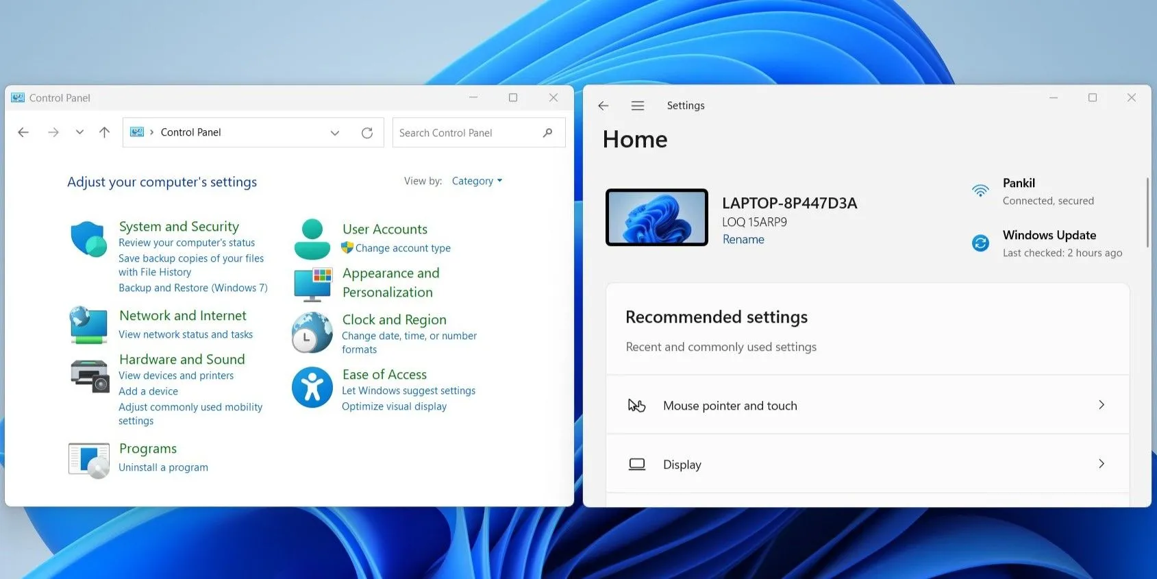 Giao diện Control Panel truyền thống và ứng dụng Cài đặt (Settings) trên Windows 11 được đặt cạnh nhau