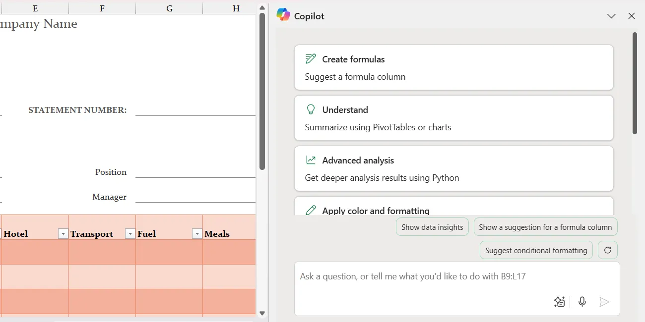 Giao diện Copilot trong Excel giúp tối ưu công việc bảng tính với AI.