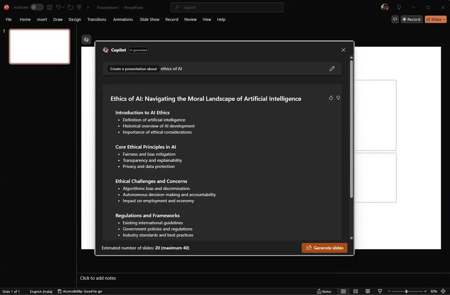 Giao diện Copilot trong PowerPoint đang tạo bài thuyết trình mới từ prompt