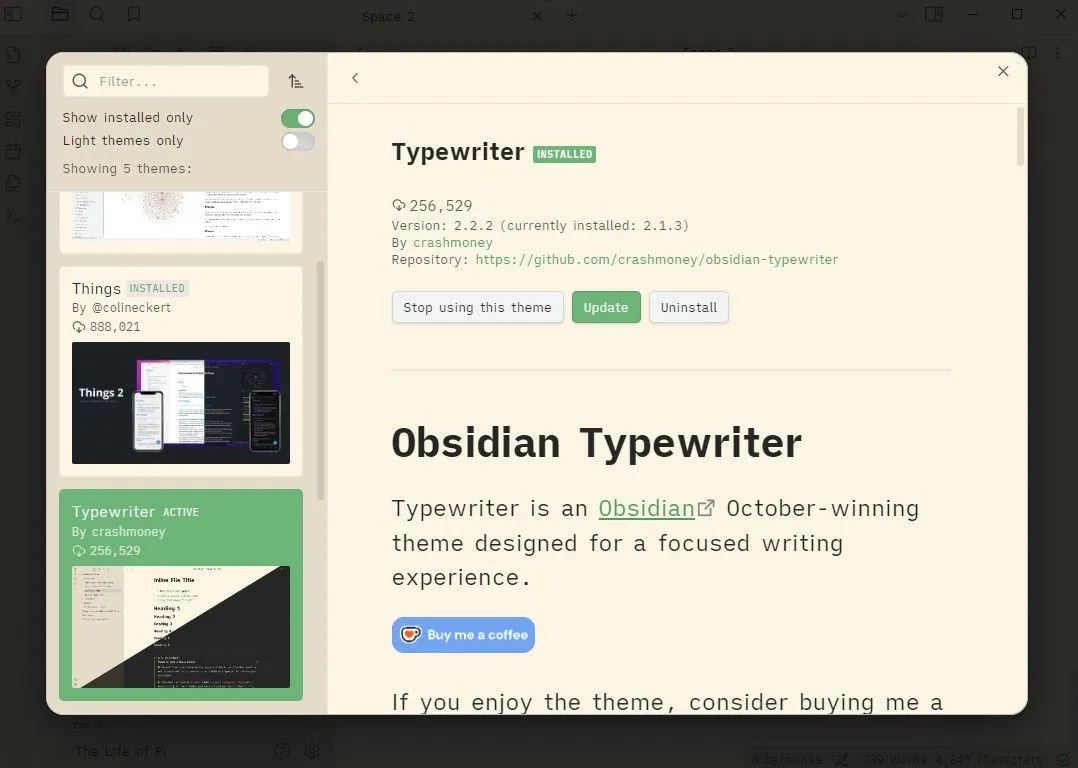 Giao diện của chủ đề Typewriter trong Obsidian mô phỏng máy đánh chữ cổ điển.