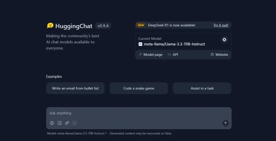 Giao diện của nền tảng HuggingChat, một ứng dụng bên thứ ba sử dụng API OpenAI