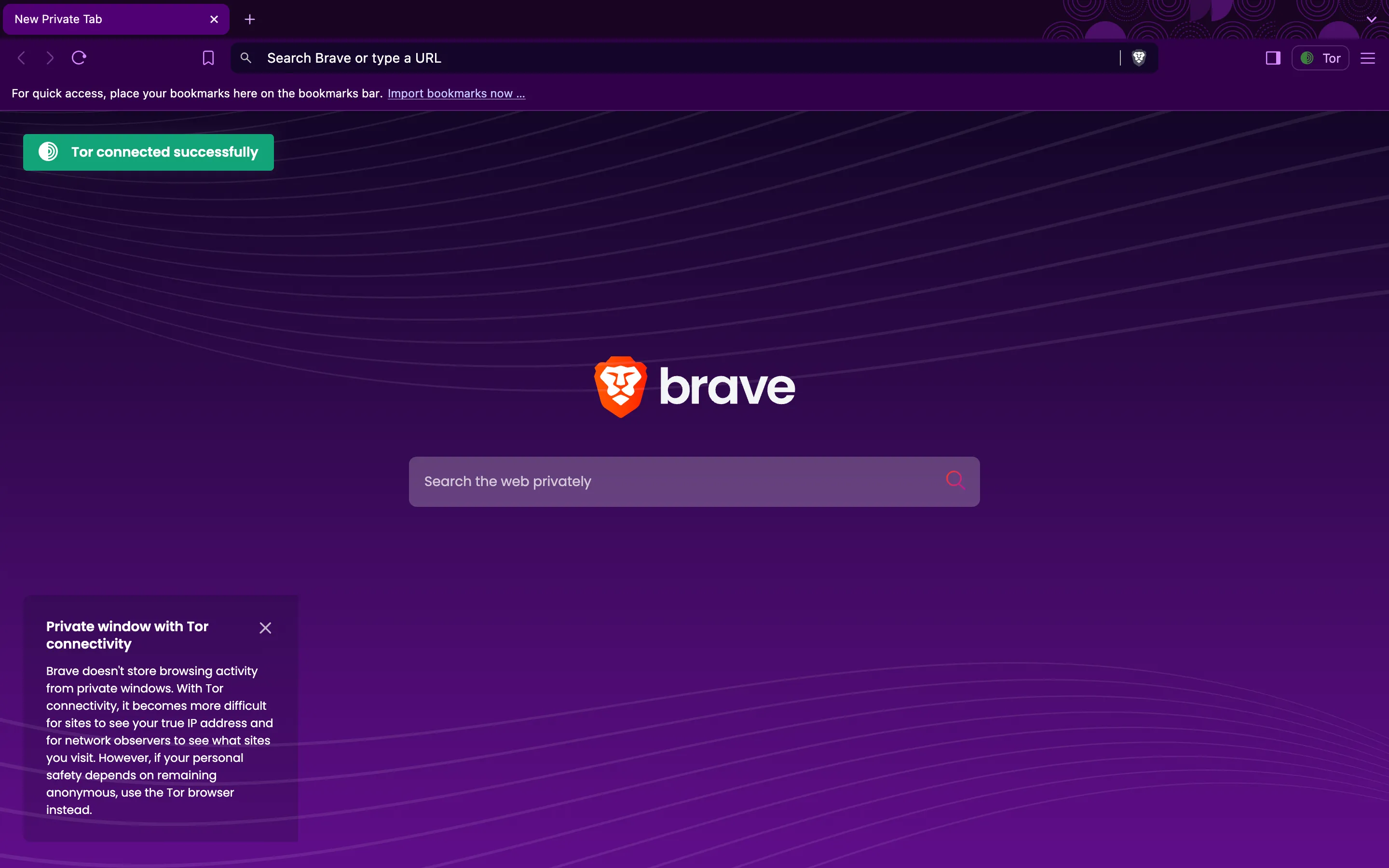 Giao diện cửa sổ duyệt web riêng tư với Tor của trình duyệt Brave, thể hiện chế độ ẩn danh đơn giản và tiện lợi.