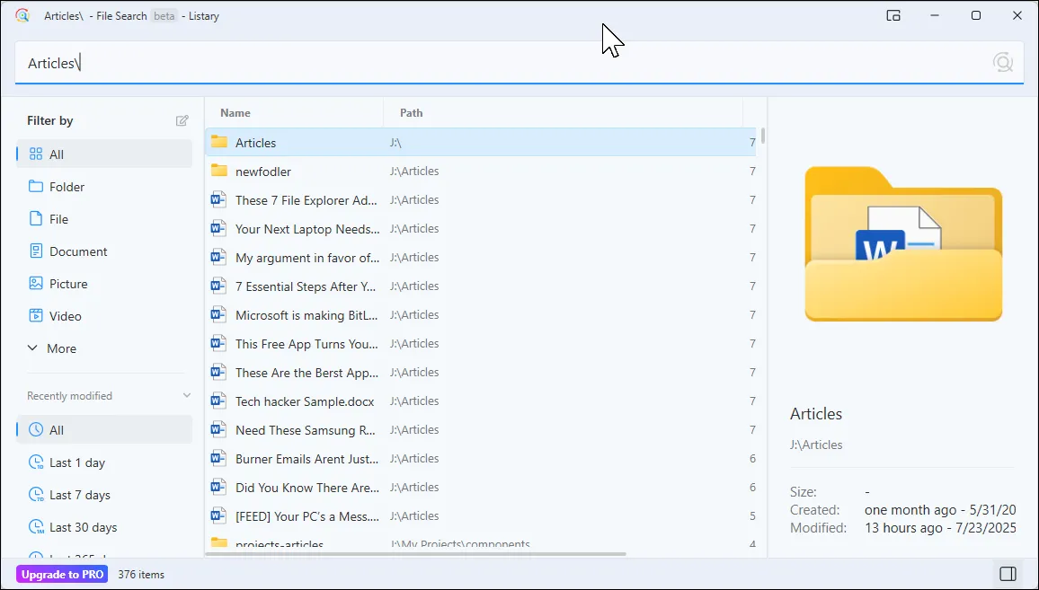 Giao diện cửa sổ tìm kiếm tệp File Search Window của Listary với các tùy chọn lọc theo loại file và ngày sửa đổi.