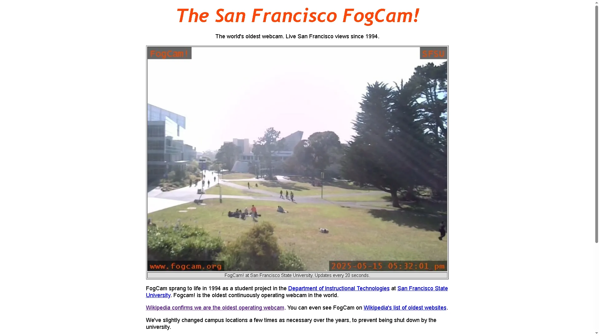 Giao diện của website San Francisco FogCam, webcam lâu đời nhất thế giới
