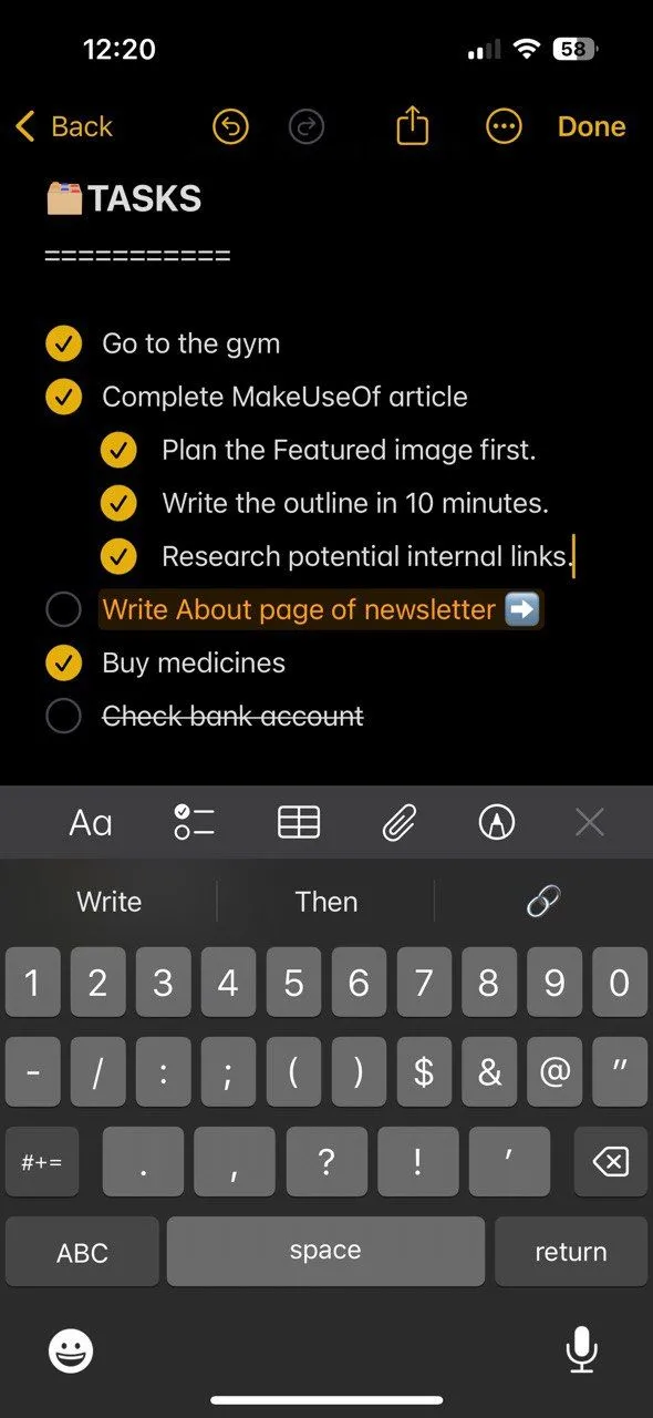 Giao diện Daily Log trong Apple Notes, minh họa các nhiệm vụ, sự kiện và phần ghi chú cho Interstitial Journaling