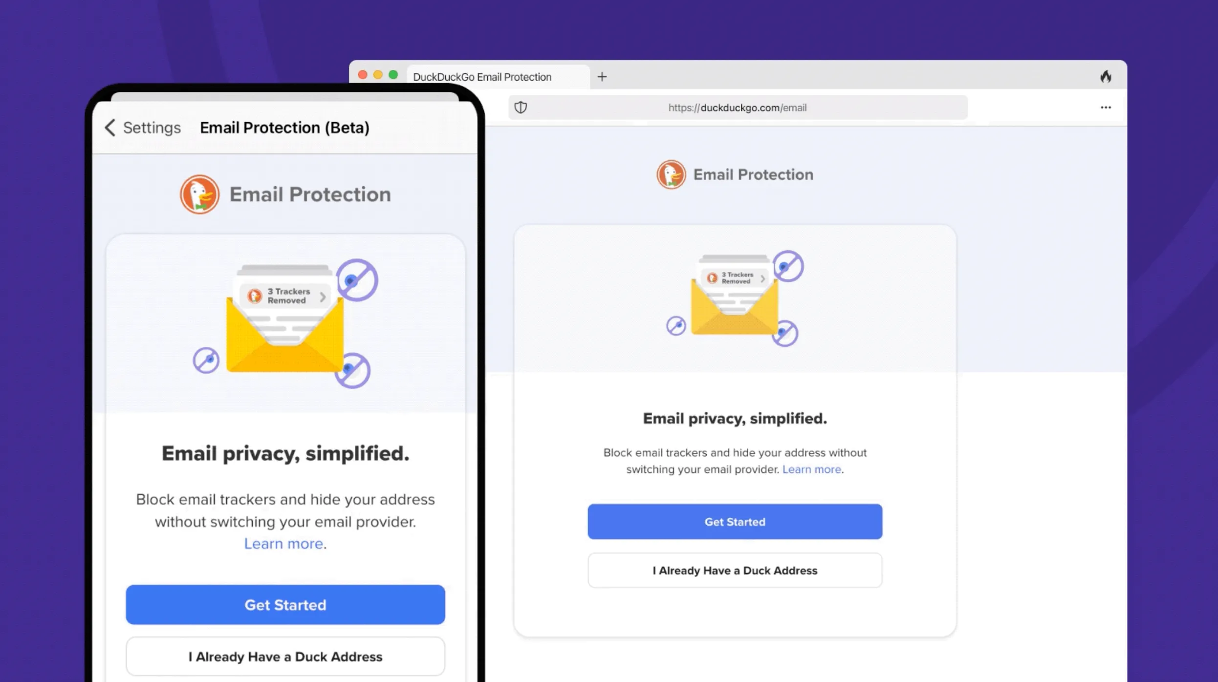 Giao diện đăng ký tính năng bảo vệ Email của DuckDuckGo trên cả thiết bị di động và máy tính để bàn