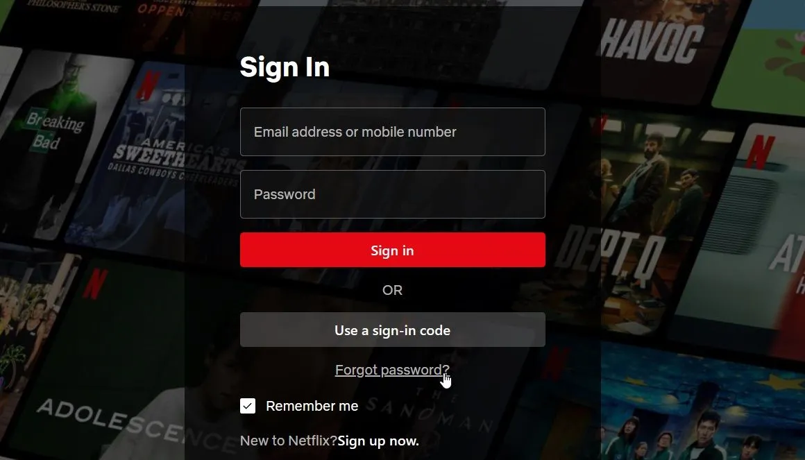 Giao diện đăng nhập Netflix với tùy chọn "Quên mật khẩu?" để khôi phục tài khoản.