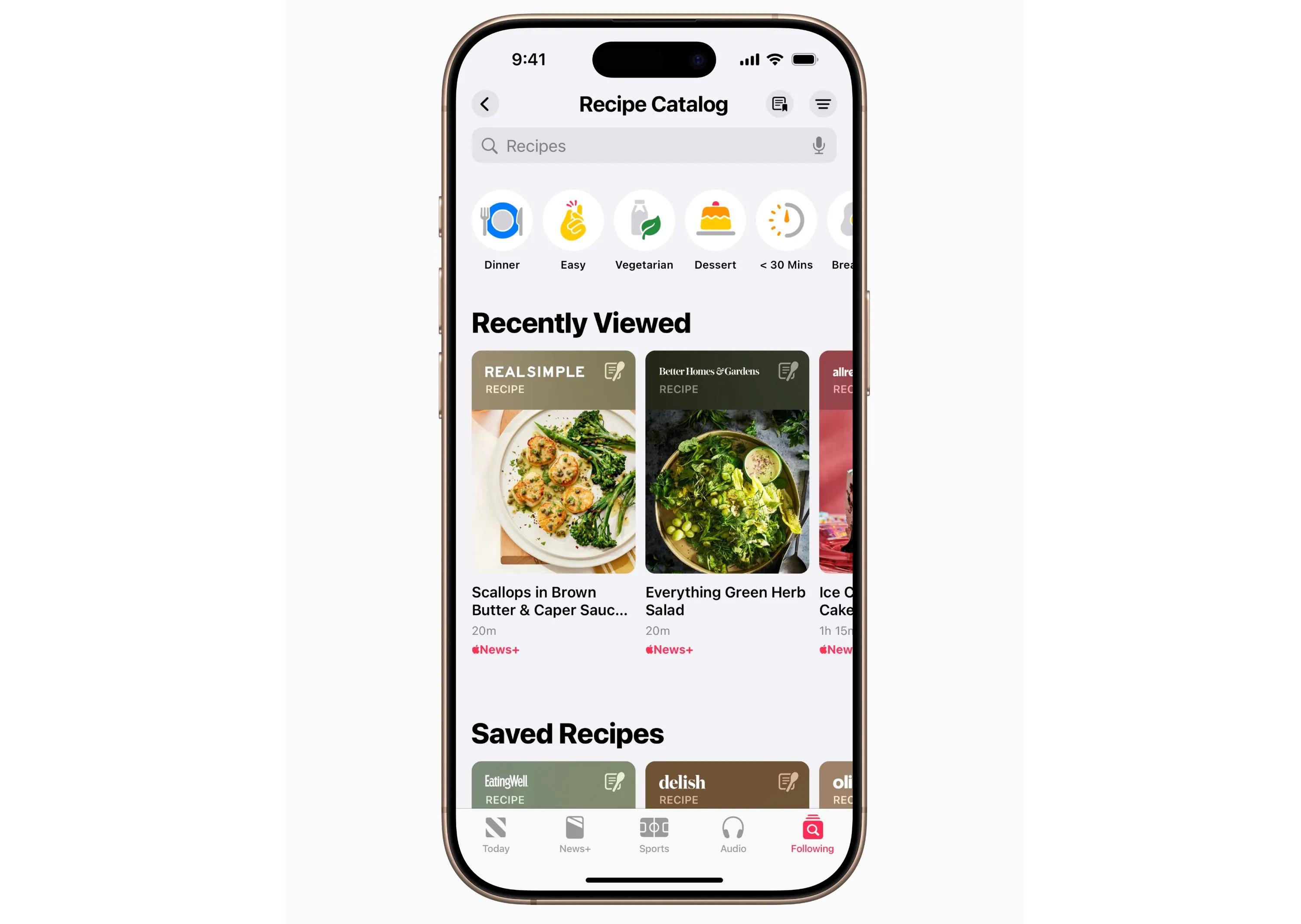 Giao diện danh mục công thức nấu ăn của Apple News+ Food, hiển thị nhiều món ăn và tùy chọn tìm kiếm trên iOS 18.4