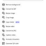 Giao diện danh sách các tính năng nhanh (Quick Actions) trong Adobe Express, hiển thị các công cụ chỉnh sửa và chuyển đổi tiện lợi.