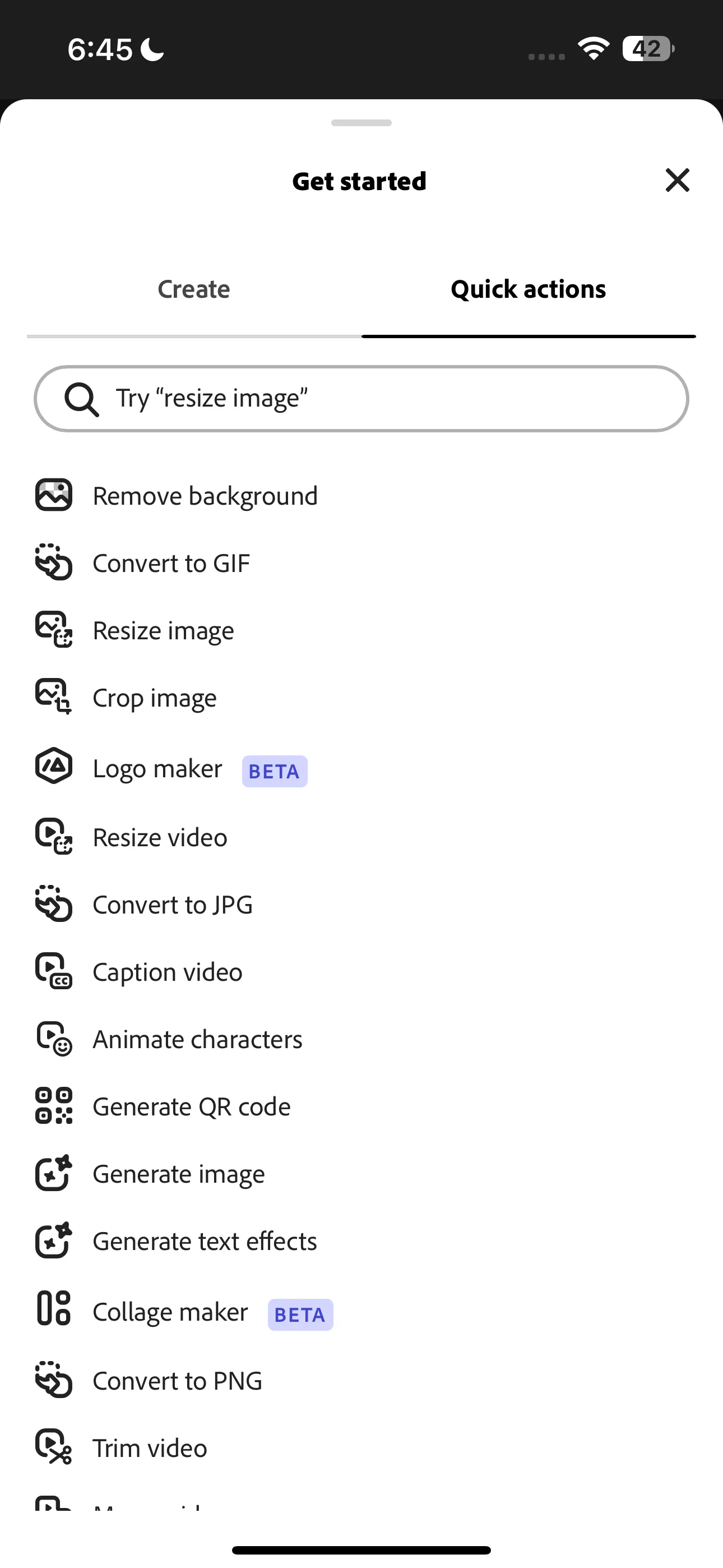 Giao diện danh sách các tính năng nhanh (Quick Actions) trong Adobe Express, hiển thị các công cụ chỉnh sửa và chuyển đổi tiện lợi.