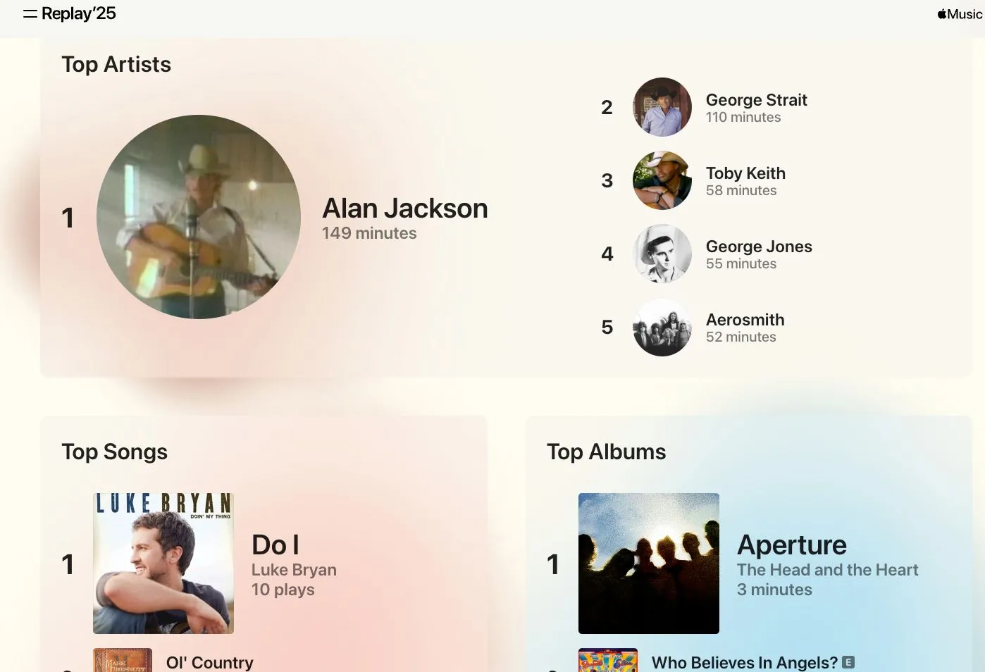 Giao diện danh sách phát Replay hàng tháng trên Apple Music, tổng hợp các bài hát được nghe nhiều nhất của người dùng.