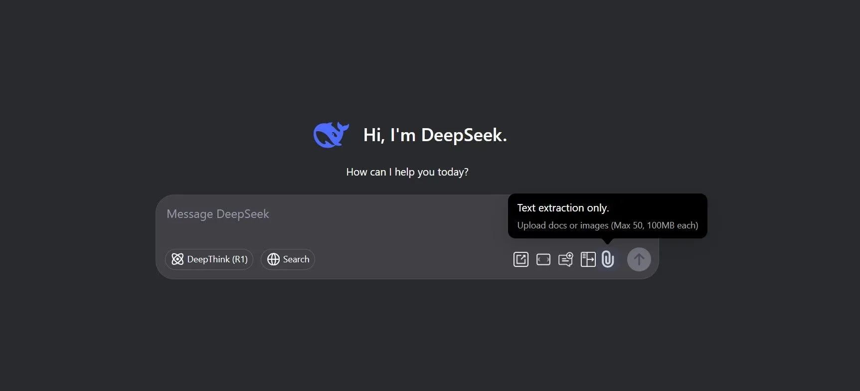 Giao diện DeepSeek hiển thị giới hạn tính năng tải lên tệp tin, chỉ hỗ trợ văn bản và không xử lý hình ảnh, minh họa điểm yếu về khả năng xử lý đa phương tiện của DeepSeek AI chatbot.