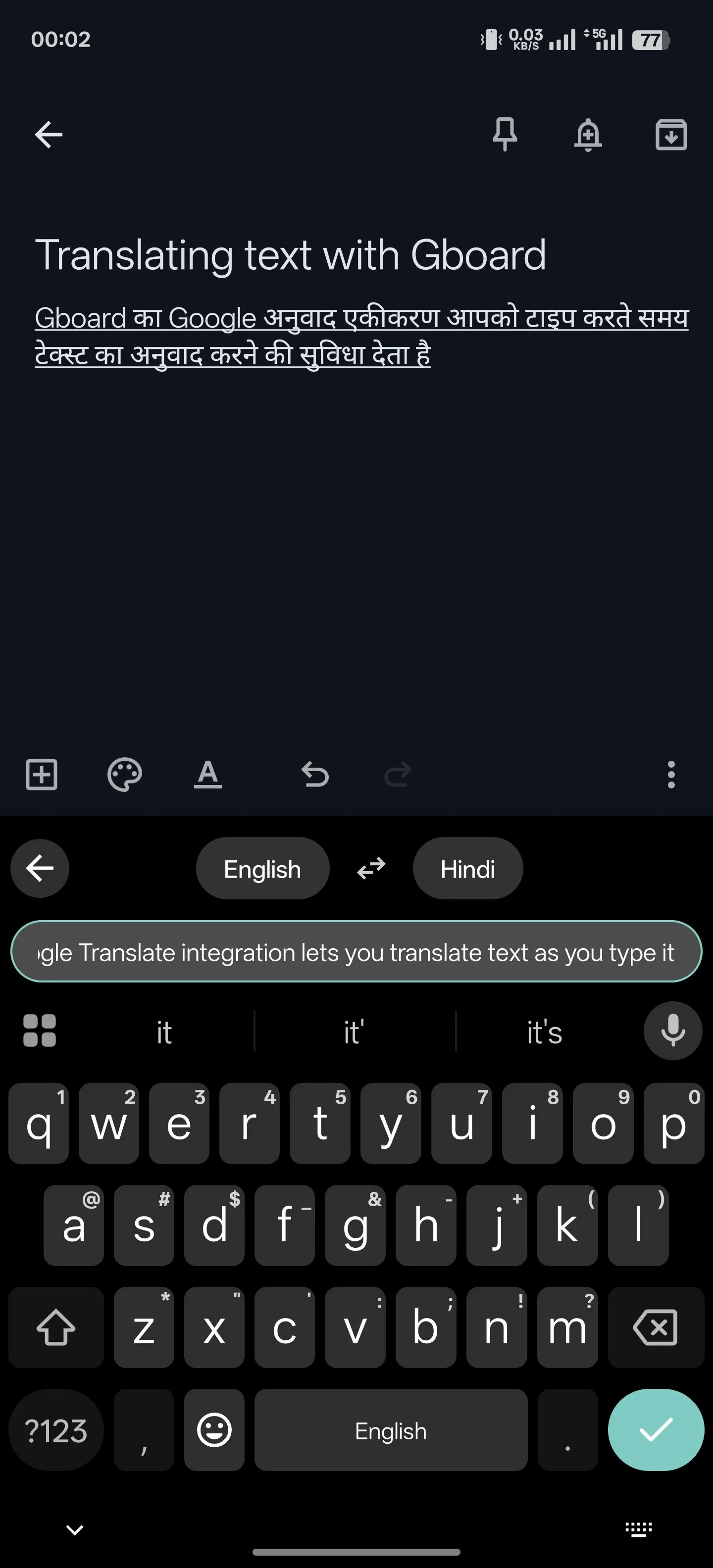 Giao diện dịch văn bản trực tiếp khi gõ phím với tính năng dịch của Gboard.