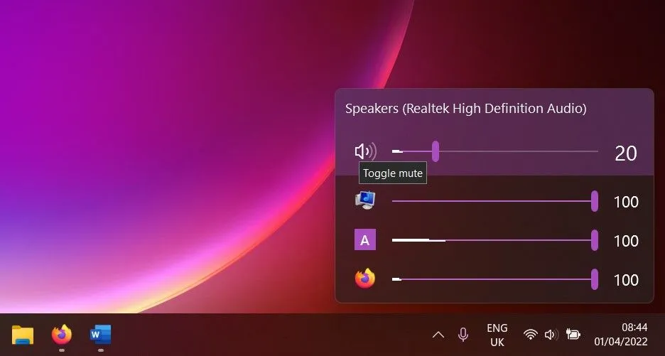 Giao diện điều chỉnh âm lượng từng ứng dụng của EarTrumpet trên Windows 11