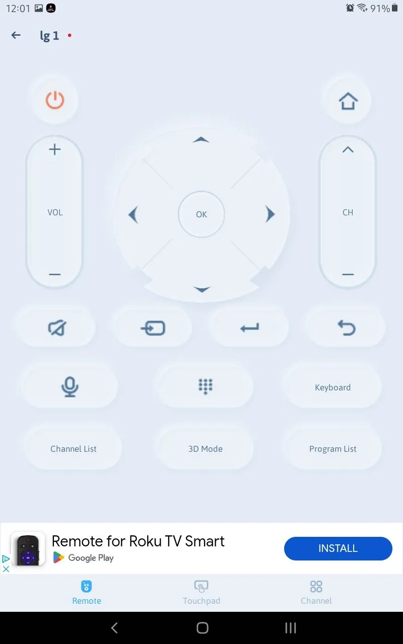 Giao diện điều khiển cơ bản của ứng dụng Vsray Technology Universal TV Remote Control, với các nút điều hướng và điều khiển kênh, âm lượng.