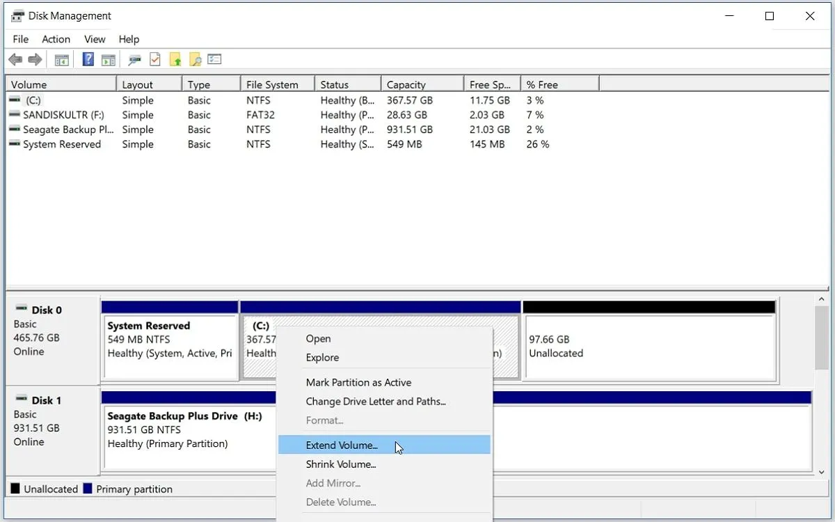 Giao diện Disk Management trên Windows, minh họa cách quản lý và mở rộng phân vùng ổ C.