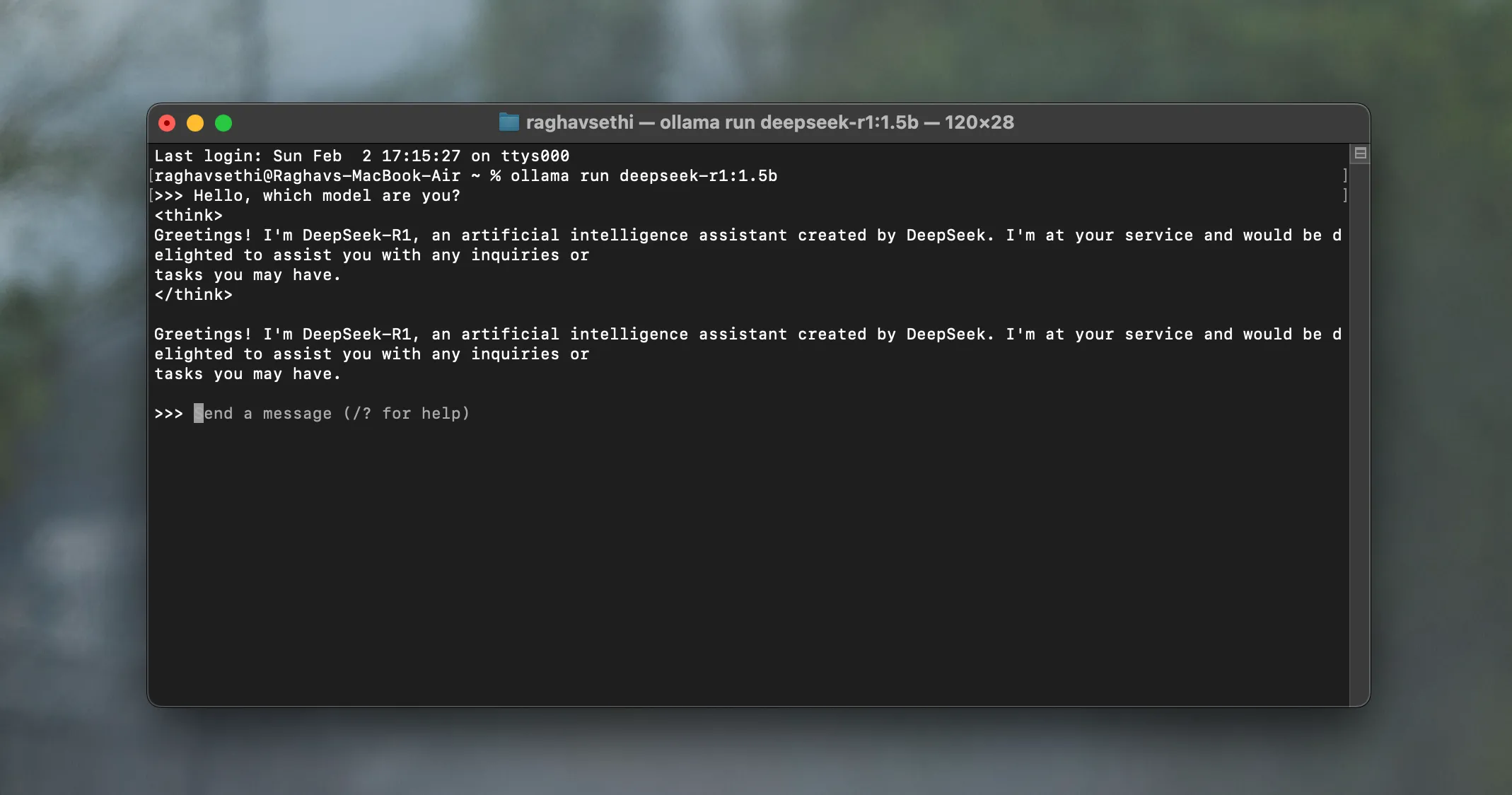 Giao diện dòng lệnh hiển thị mô hình DeepSeek-R1 đang chạy trong Ollama trên nền tảng Linux