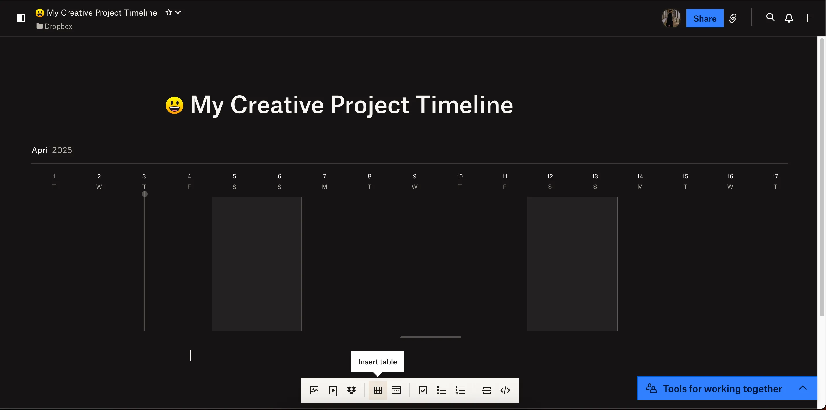 Giao diện Dropbox Paper hiển thị khả năng chèn code block và Timeline
