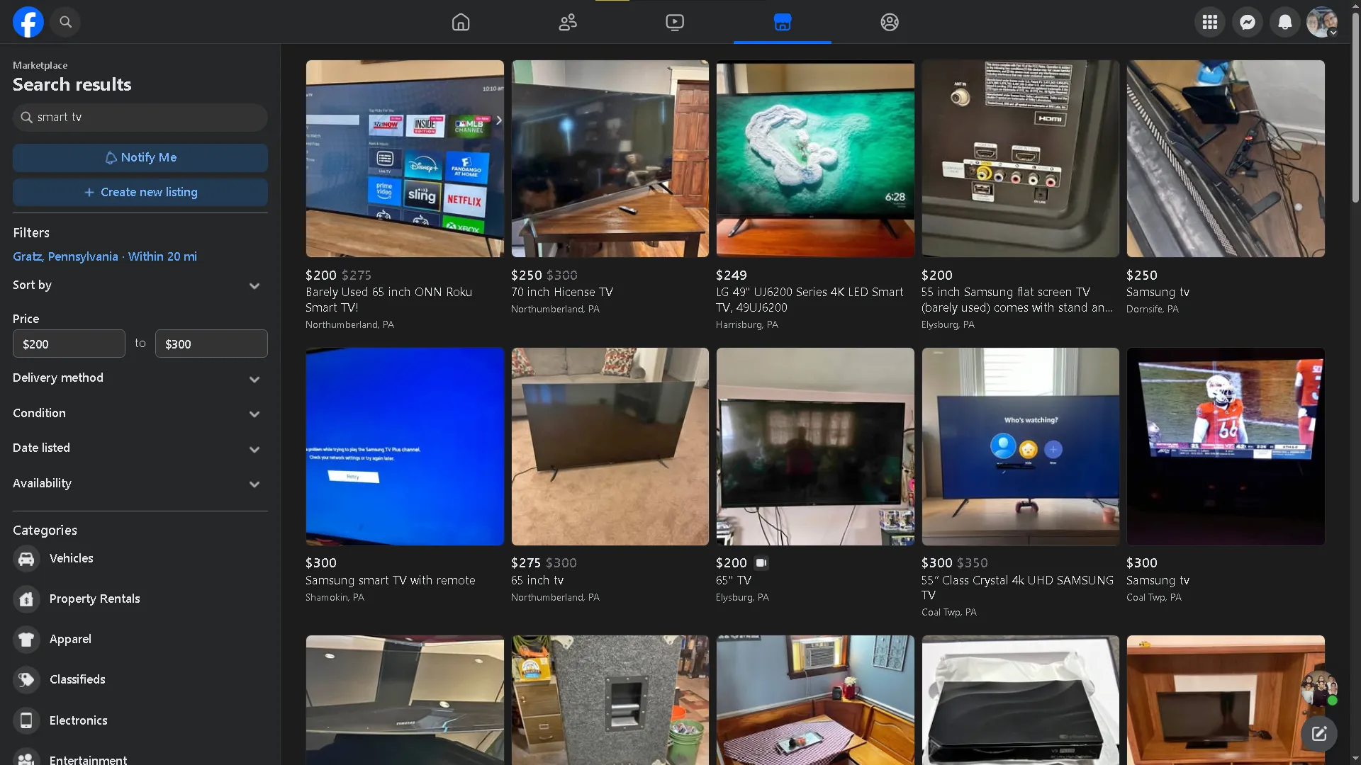 Giao diện Facebook Marketplace tìm kiếm Smart TV giá rẻ tại địa phương