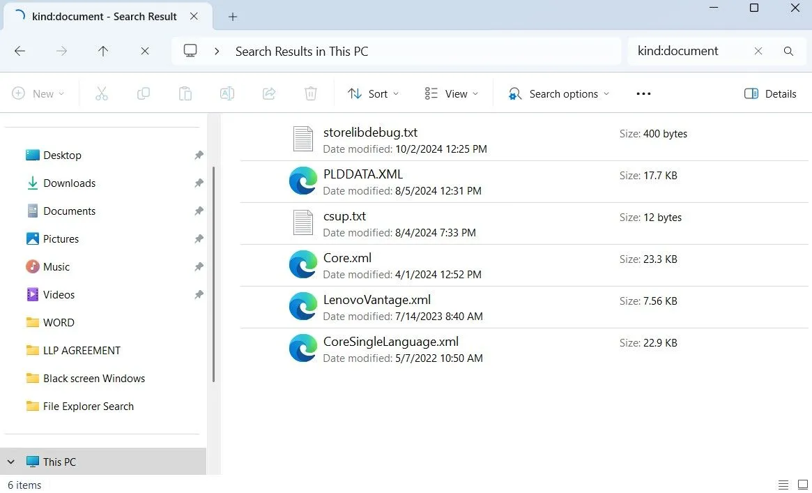 Giao diện File Explorer minh họa tìm kiếm file theo loại (kind)