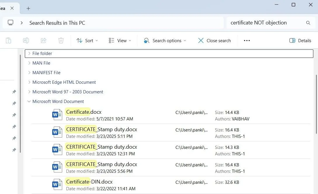 Giao diện File Explorer minh họa tìm kiếm với toán tử loại trừ NOT