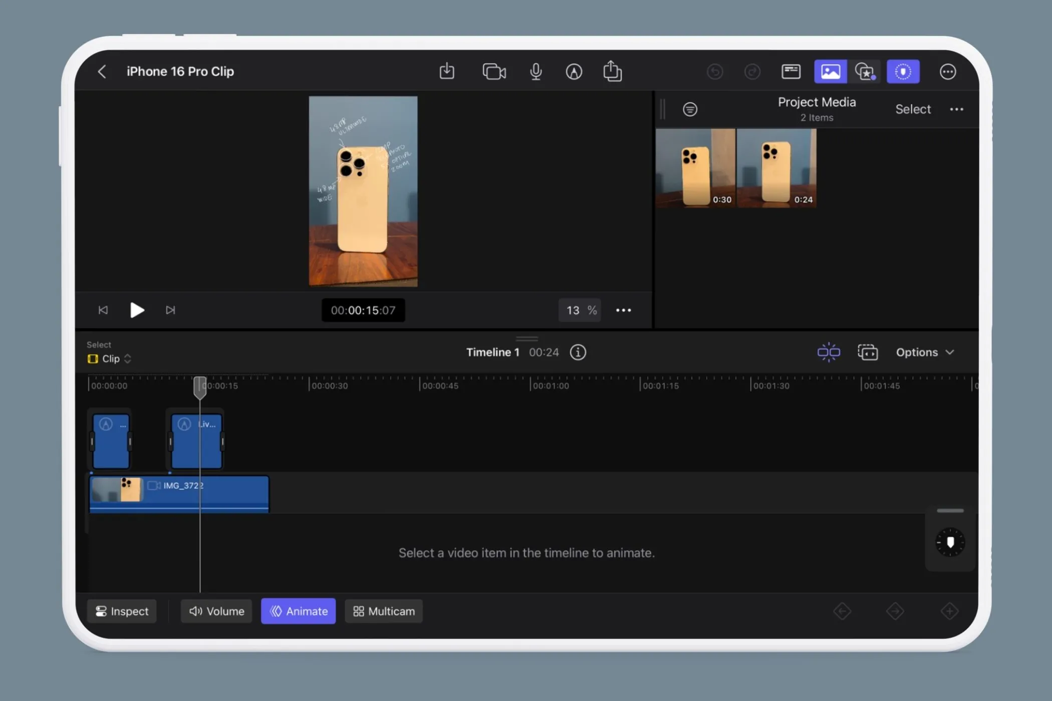 Giao diện Final Cut Pro trên iPad với timeline chỉnh sửa video và biểu tượng Live Drawing
