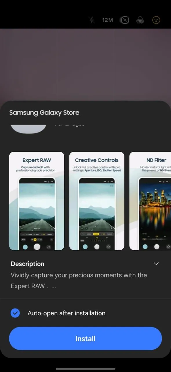 Giao diện Galaxy Store trên điện thoại Samsung, hiển thị ứng dụng Expert RAW sẵn sàng để tải xuống và cài đặt, giúp chụp ảnh định dạng RAW.