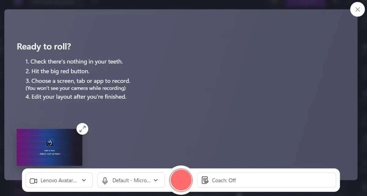 Giao diện ghi hình đồng thời màn hình và webcam trong Clipchamp, lý tưởng cho hướng dẫn