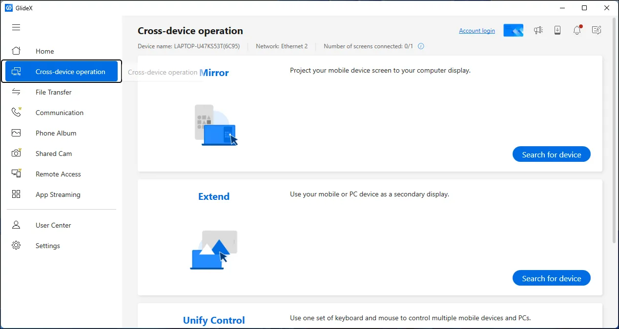 Giao diện GlideX trên Windows 11, hiển thị tính năng mở rộng màn hình sang thiết bị khác và điều khiển chéo thiết bị.