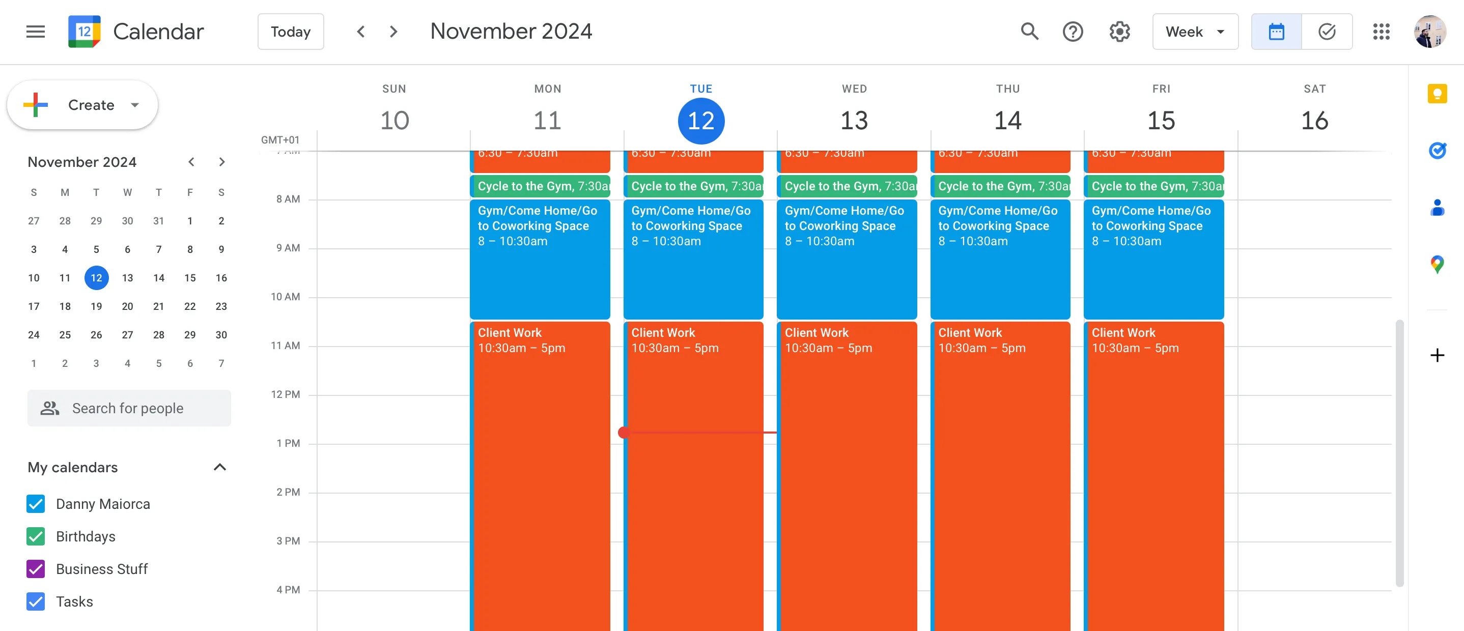 Giao diện Google Calendar thể hiện phương pháp Time Blocking với các khung thời gian được chia rõ ràng, minh họa cách sắp xếp lịch trình để tối ưu hóa hiệu quả công việc và tập trung.