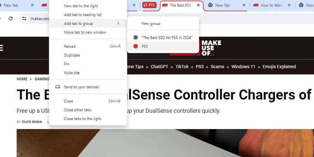 Giao diện Google Chrome cho phép thêm tab mới vào nhóm tab đã tạo, giúp sắp xếp gọn gàng.
