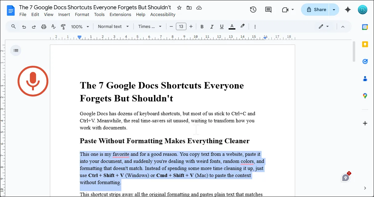 Giao diện Google Docs đang sử dụng tính năng gõ bằng giọng nói để chuyển đổi lời nói thành văn bản.