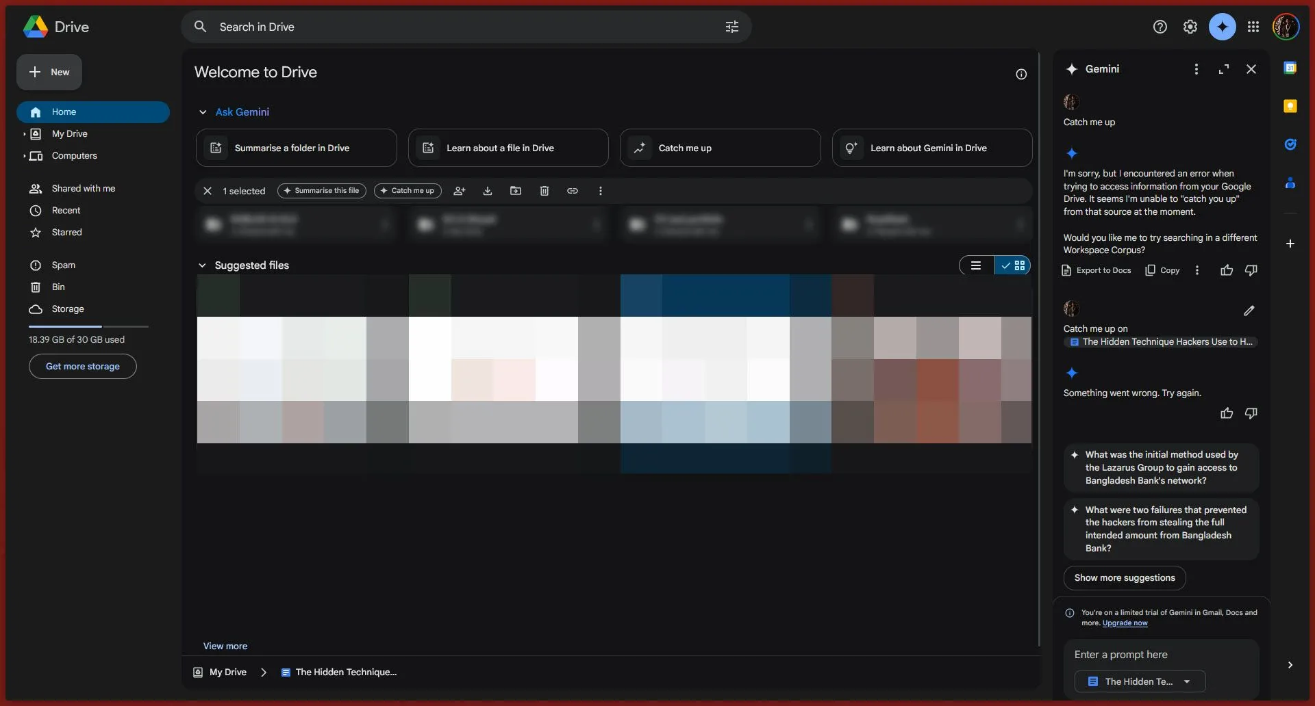 Giao diện Google Drive hiển thị tính năng 'Catch me up' được tích hợp với Gemini, giúp tóm tắt các thay đổi gần đây của tệp.