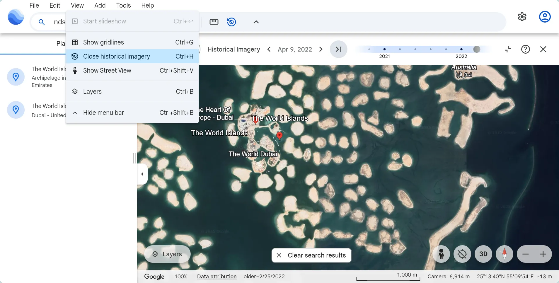Giao diện Google Earth hiển thị tính năng Street View lịch sử với thanh trượt thời gian để khám phá sự thay đổi của một địa điểm