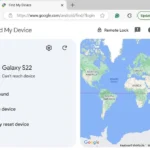 Giao diện Google Find My Device hiển thị lỗi không thể kết nối với điện thoại Samsung bị mất sóng