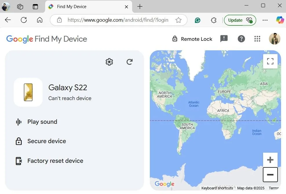 Giao diện Google Find My Device hiển thị lỗi không thể kết nối với điện thoại Samsung bị mất sóng
