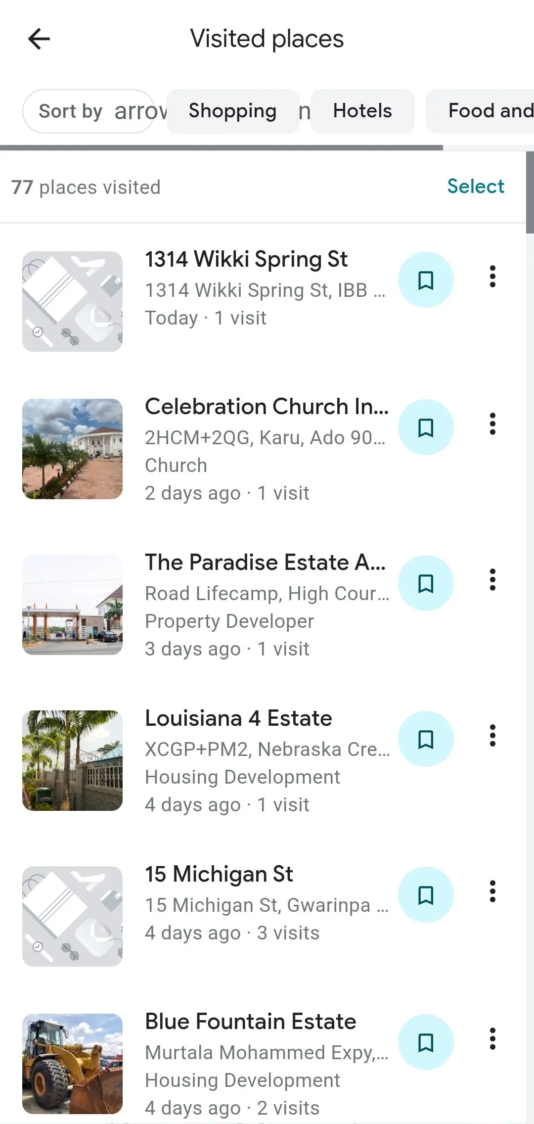 Giao diện Google Maps hiển thị các địa điểm đã ghé thăm được ghi lại trong dòng thời gian